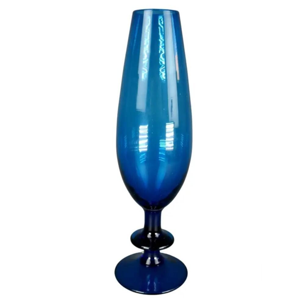 VTG 1970's Italian Blue Glass Footed Tulip Vase/Glass